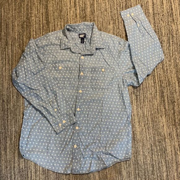 New Lands End Mens Size‎ Large Button Front Shirt Blue Anchor Print Long Sleeve - Picture 1 of 7